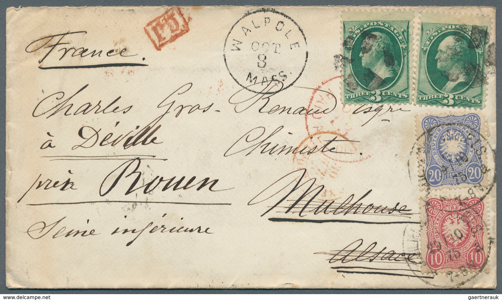 Deutsches Reich - Pfennige: 1875, Briefkuvert Von Walpole, Mass., USA To Mühlhausen, Elsass Und Weit - Lettres & Documents
