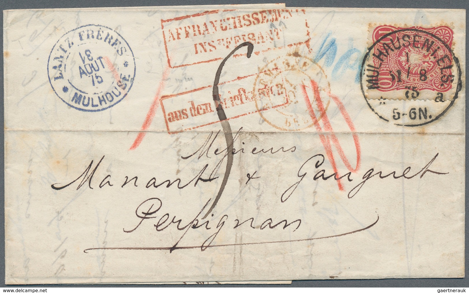 Deutsches Reich - Pfennige: 1875, 10 Pfg. Rot Auf Briefhülle Von "MÜHLHAUSEN 31.8.75" Nach Pepignan/ - Lettres & Documents