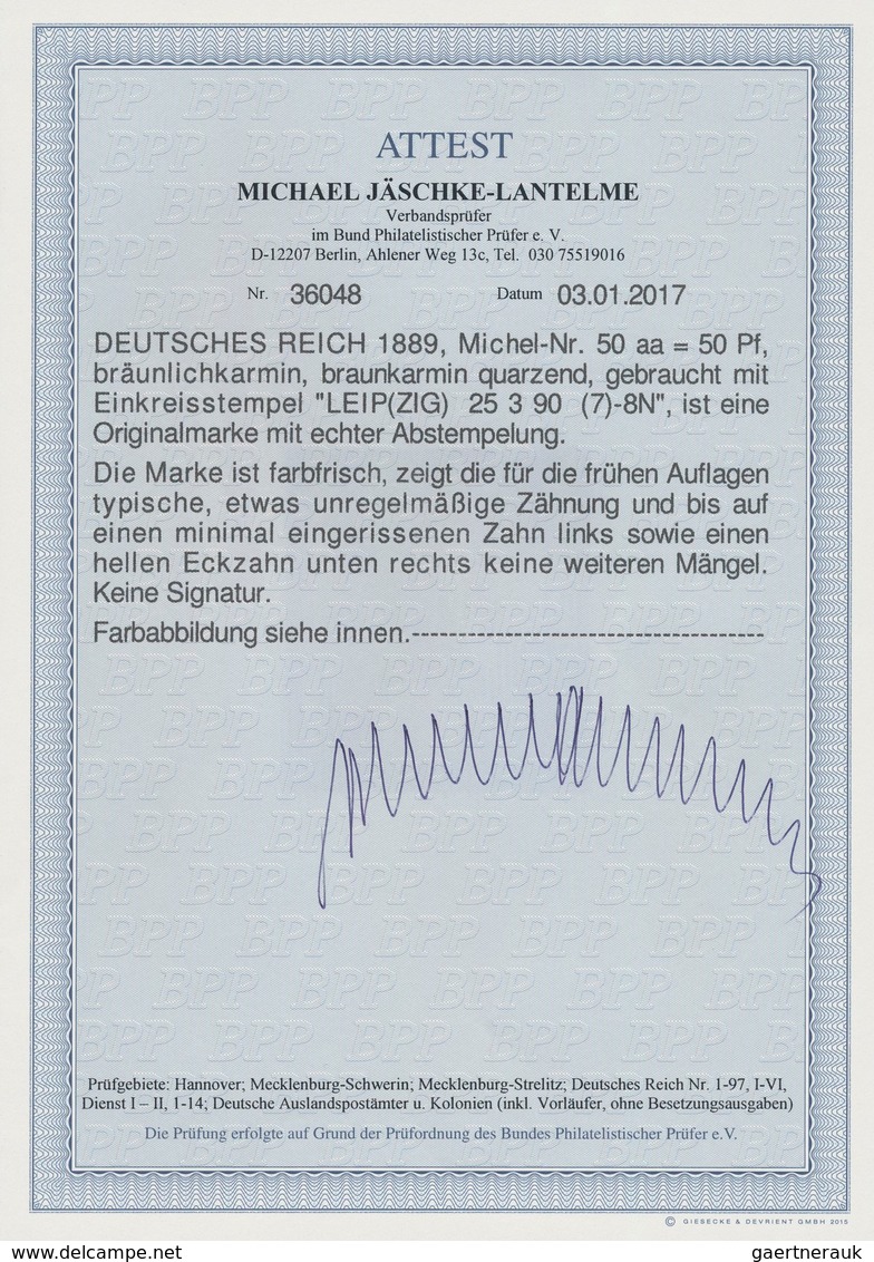 Deutsches Reich - Krone / Adler: 1889 50 Pf. Bräunlichkarmin, Braunkarmin Quarzend, Entwertet Mit Ei - Ungebraucht