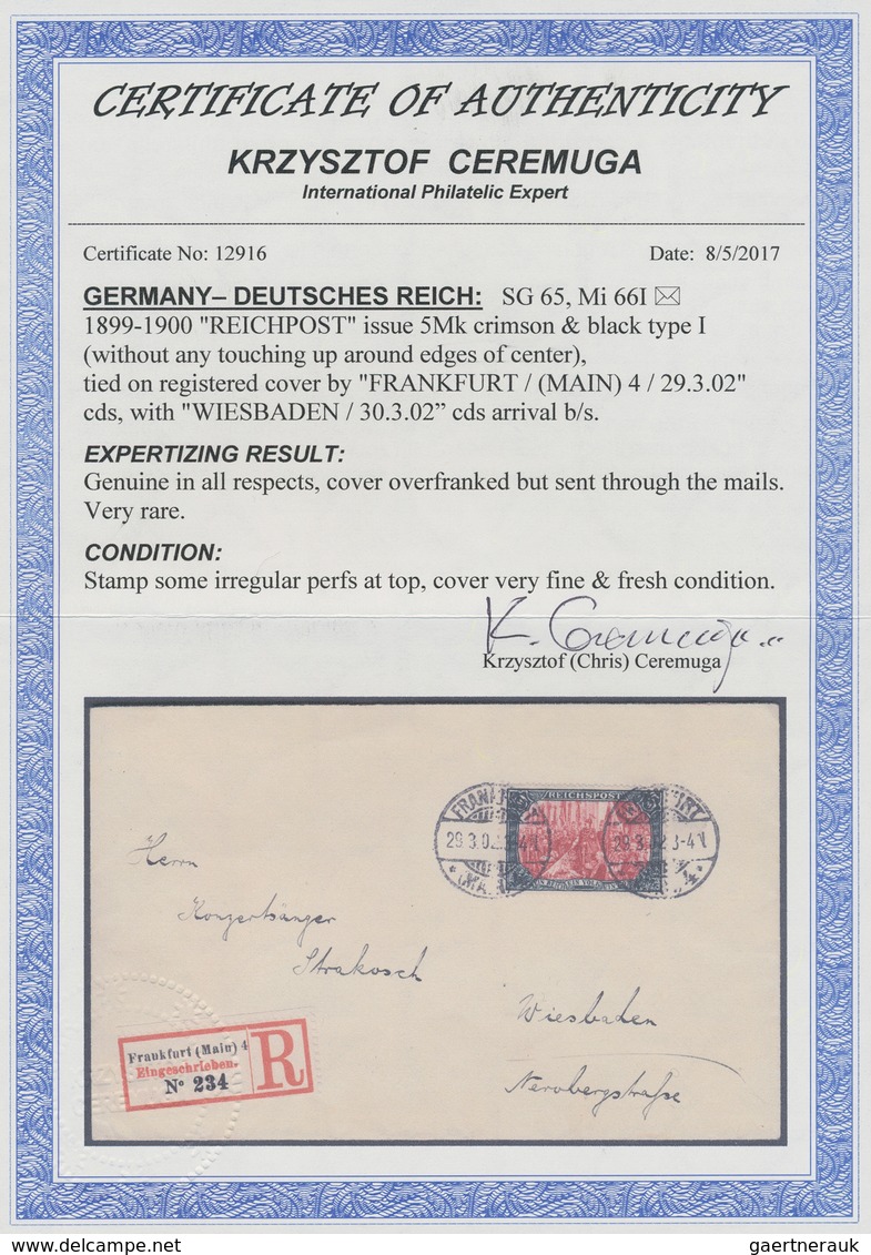 Deutsches Reich - Germania: 1902. 5 RM Rot/schwarz "Reichspost" Auf Einschreibbrief Nach Wiesbaden, - Neufs