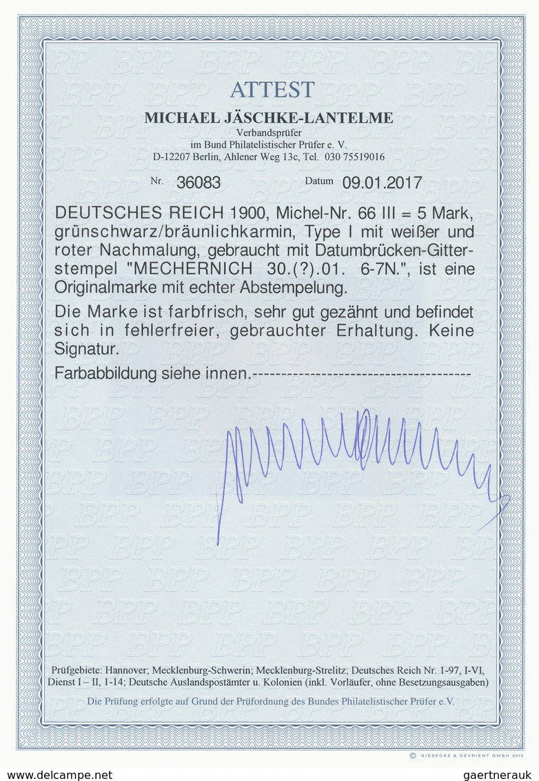 Deutsches Reich - Germania: 1900, Freimarke 5,-M. REICHSPOST Grünschwarz/bräunlichkarmin, In Type II - Neufs