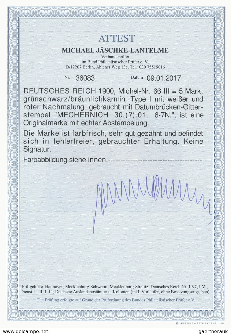 Deutsches Reich - Germania: 1900, Freimarke 5,-M. REICHSPOST Grünschwarz/bräunlichkarmin, In Type II - Ungebraucht