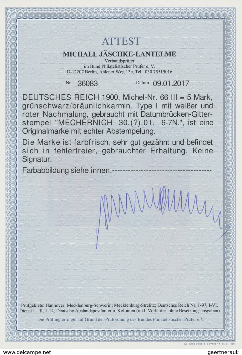 Deutsches Reich - Germania: 1900, Freimarke 5,-M. REICHSPOST Grünschwarz/bräunlichkarmin, In Type II - Ungebraucht