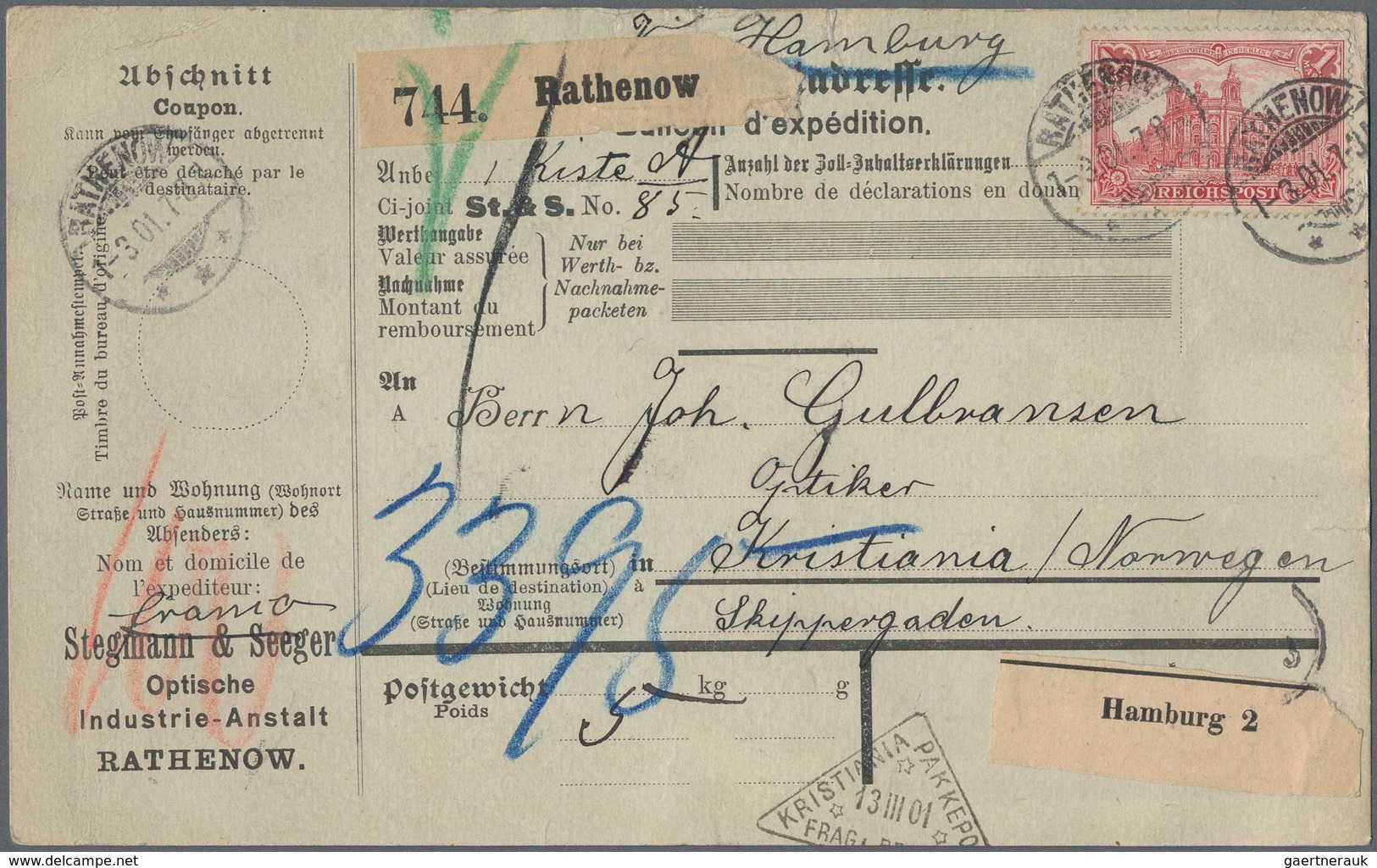 Deutsches Reich - Germania: 1901, Paketkarte Mit EF 1MK Reichspostamt Berlin Von Rathenow über Hambu - Neufs