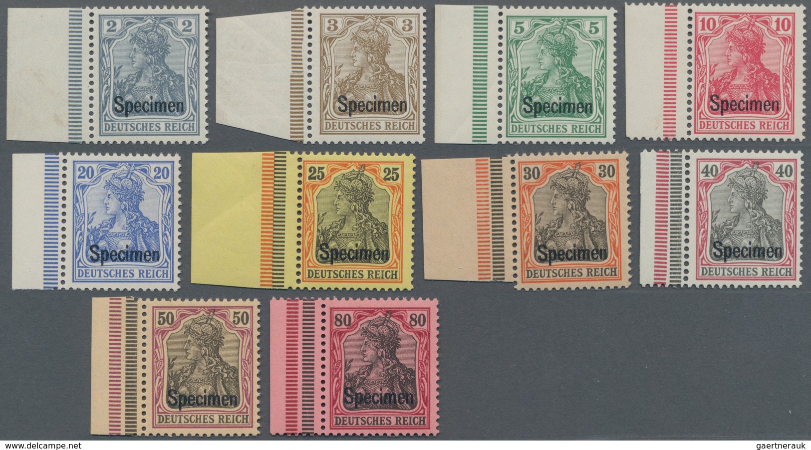 Deutsches Reich - Germania: 1902, 2-80 Pfg. Germania Mit Aufdruck "Specimen", 3 Und 20 Pfg. In Farbe - Ungebraucht
