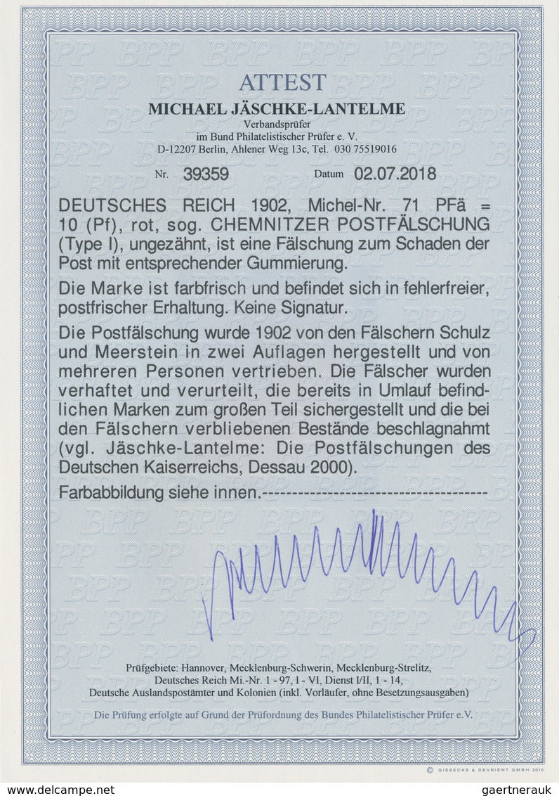 Deutsches Reich - Germania: 1902, 10 Pfg. Germania, "Chemnitzer Postfälschung", Geschnitten, Postfri - Neufs