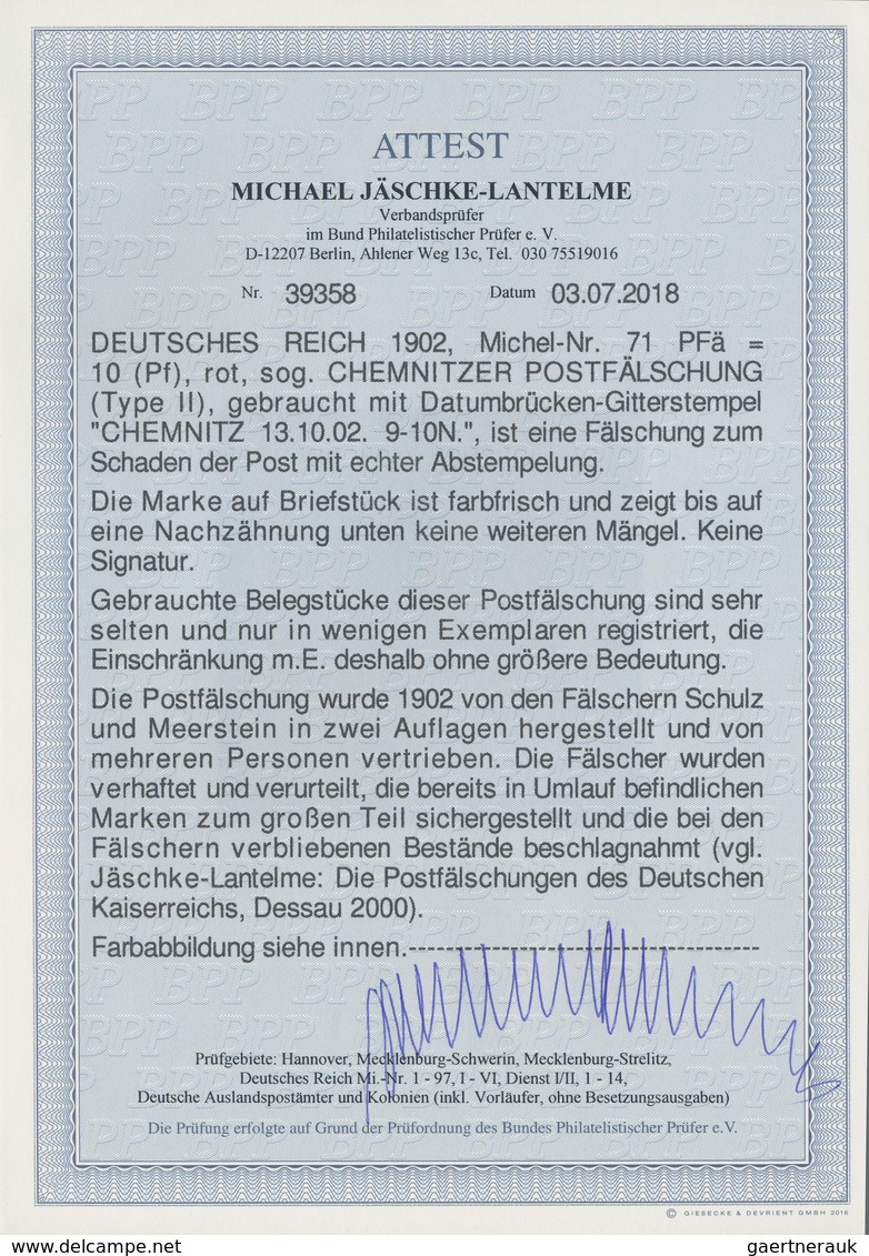 Deutsches Reich - Germania: 1902, 10 Pfg. Germania, CHEMNITZER POSTFÄLSCHUNG, Gezähnt (unten Etwas K - Neufs