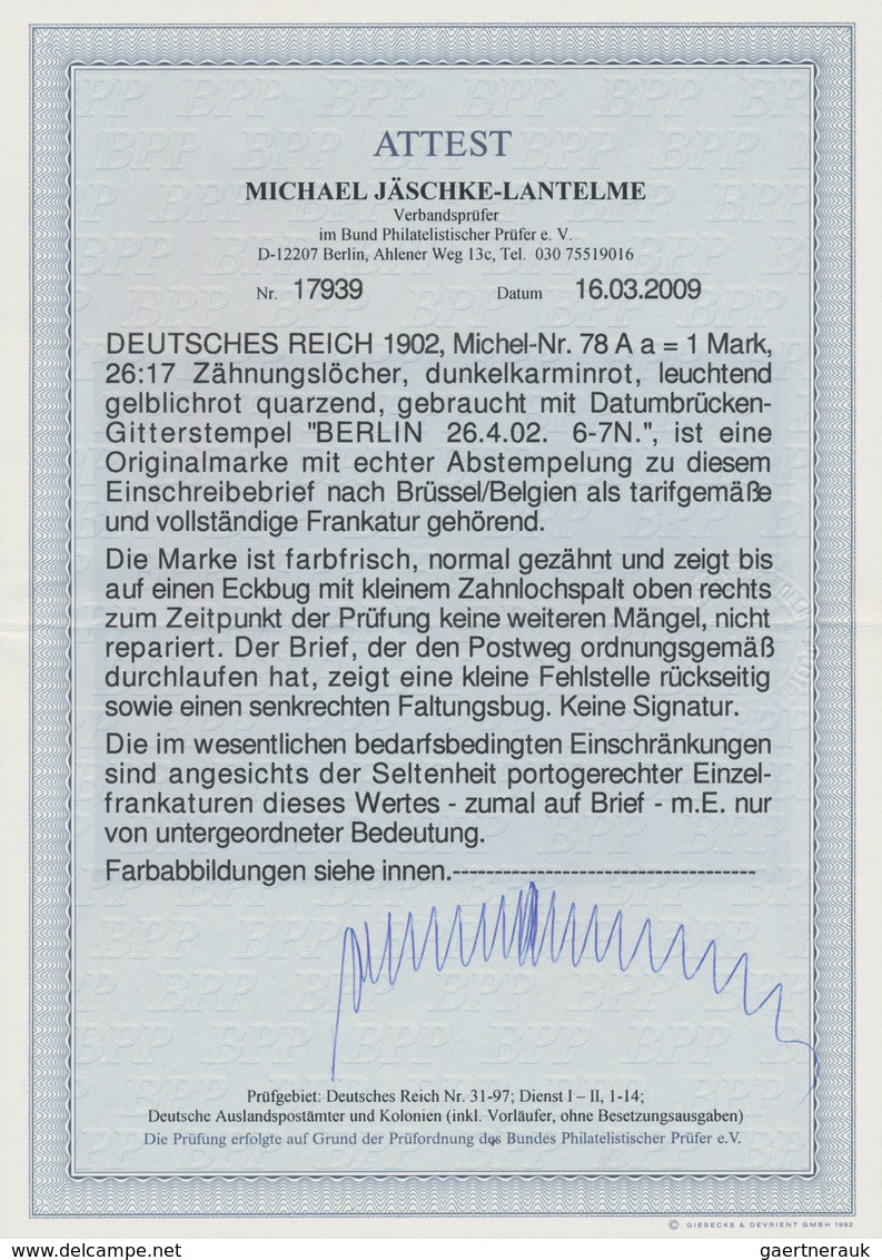 Deutsches Reich - Germania: 1902, 1 M. Dunkelkarminrot (leuchtend Gelblichrot Quarzend), 26:17 Zähnu - Ungebraucht