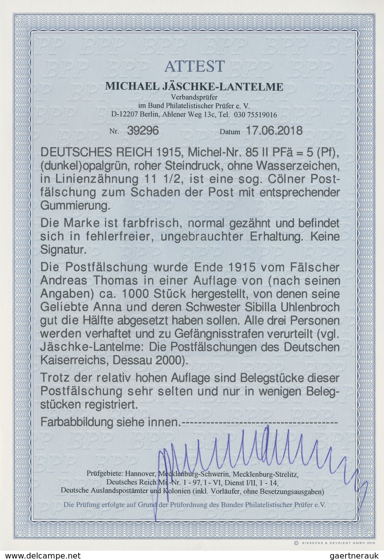 Deutsches Reich - Germania: 1915, 5 Pfg. Dunkelopalgrün, Roher Steindruck, Ohne Wz., Linienzähnung 1 - Unused Stamps