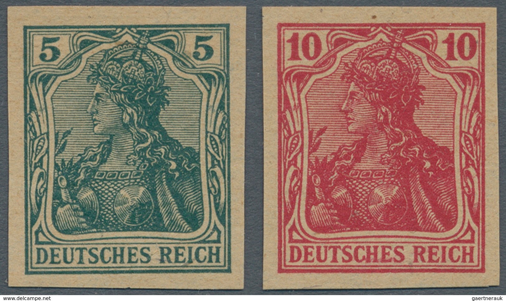 Deutsches Reich - Germania: 1915, 5 Pf Dunkelgrün U. 10 Pf Karminrot Germania, Zwei Ungezähnte VERSU - Unused Stamps