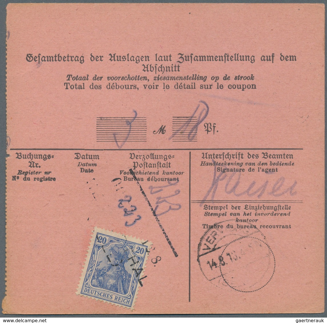 Deutsches Reich - Germania: 1918. 14.8., 20 Pfg. Germania Als Gebühr Auf Zoll-Karte Vom Auswechselun - Unused Stamps