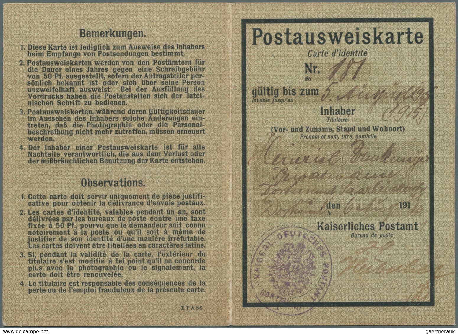 Deutsches Reich - Germania: 1914: 50 (Pf) Dunkelgraulila Auf Orangeweiß Portostufe Für Postausweiska - Unused Stamps