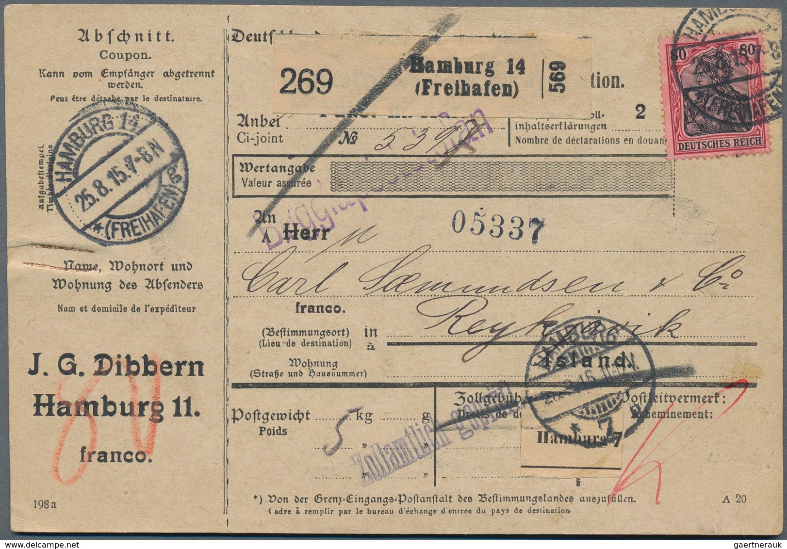 Deutsches Reich - Germania: 1915, 80 Pfg. Germania Als Einzelfranktur Auf Paketkarte Ab HAMBURG 14 ( - Unused Stamps