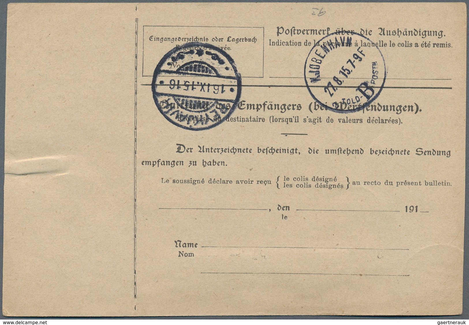 Deutsches Reich - Germania: 1915, 80 Pfg. Germania Als Einzelfranktur Auf Paketkarte Ab HAMBURG 14 ( - Unused Stamps