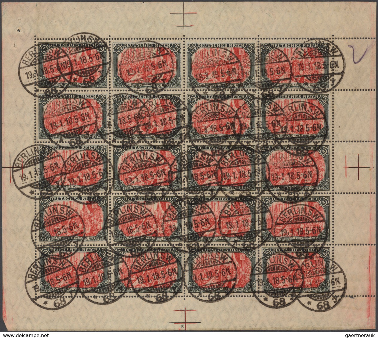 Deutsches Reich - Germania: 1905, 5 Mark Germania Friedensdruck Im Originalbogen Zu 20 Werten, Geste - Unused Stamps