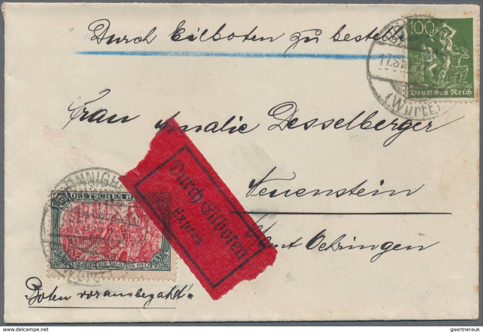 Deutsches Reich - Germania: 1922, 5 Mark Reichsgründungs-Gedenkfeier MiF Mit 100 Pf Arbeiter Auf Eil - Unused Stamps