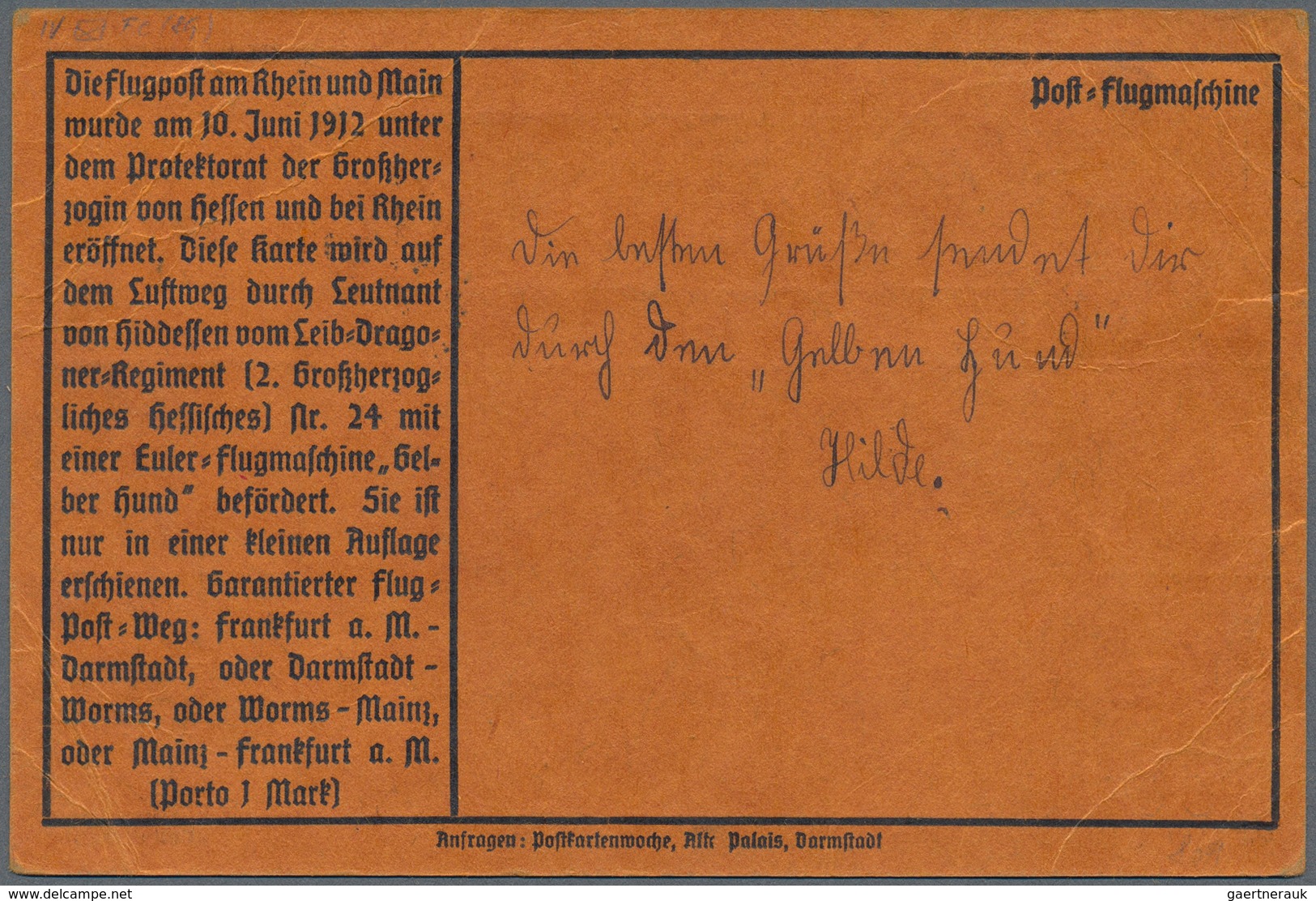 Deutsches Reich - Germania: 1912, "Gelber Hund" Aufdruckwert Auf Flugpostmarke Rhein-Main Mit SoSltp - Unused Stamps