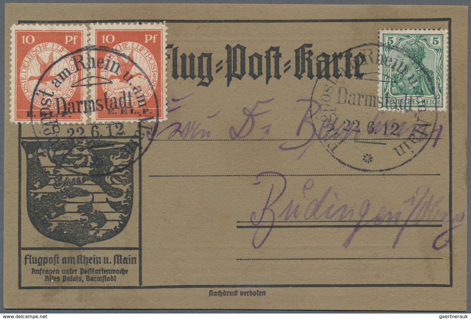 Deutsches Reich - Germania: 1912, Flugpost Rhein/Main, 10 Pf Mit Aufdruck E.EL.P., ZWEI Exemplare Mi - Unused Stamps