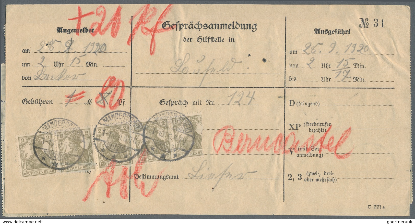 Deutsches Reich - Inflation: 1920 (25.9.), Sehr Seltenes Formular Für Eine Gesprächsanmeldung Der Hi - Briefe U. Dokumente