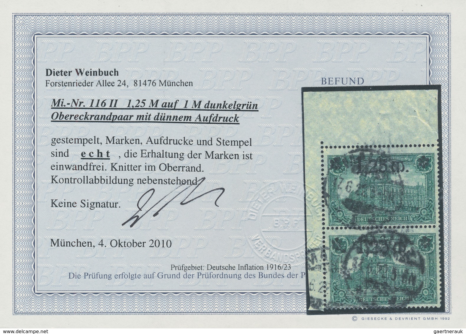 Deutsches Reich - Inflation: 1920, 1,25 M. Auf 1 M. Dunkelgrün Mit Dünnem Aufdruck, Senkrechtes Paar - Lettres & Documents
