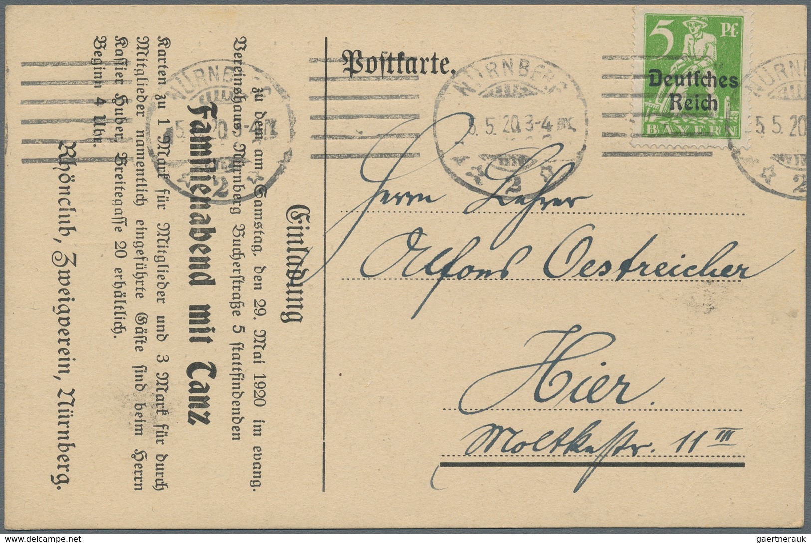 Deutsches Reich - Inflation: 1920, Ortsdrucksache Mit Einzelfrankatur 5 Pfg. Bayern-Abschied Mit Mas - Lettres & Documents