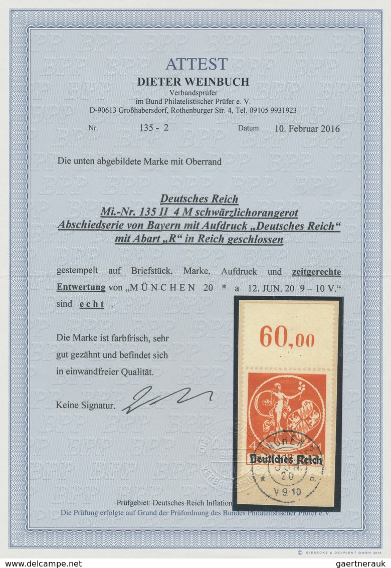 Deutsches Reich - Inflation: 1920, Freimarken: Abschiedsserie, 4 M Mit Aufdruck "Deutsches Reich" Vo - Covers & Documents