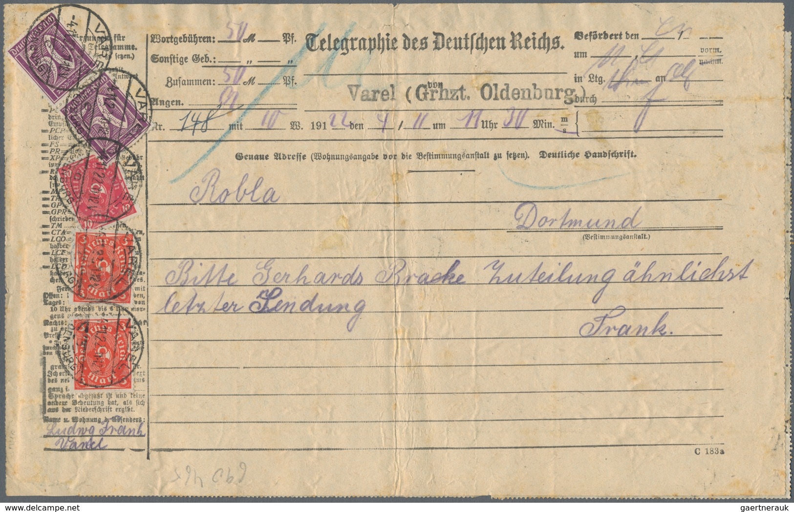 Deutsches Reich - Inflation: 1922. Telegramm "Varel 4.11.22" Mit 64x 50 Pf Germania, 5x 20 Pf German - Lettres & Documents