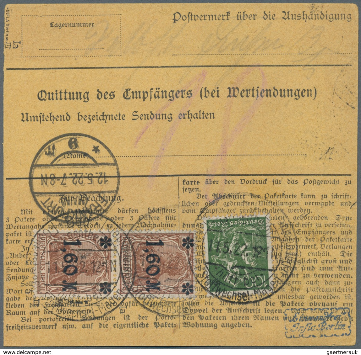 Deutsches Reich - Inflation: 1921, 1,60 M. Auf 5 Pfg. Mit PF "Mim Aufdruck Tiefstehend", Im Paar Mit - Lettres & Documents