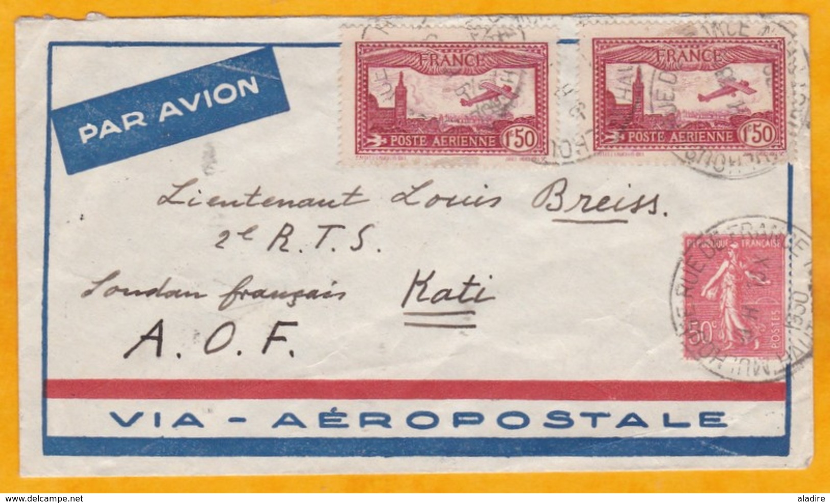 1930 - Enveloppe Aéropostale De Mulhouse, Haut Rhin, France Vers Kati, Soudan Français, AOF, Aujourd'hui Mali - 1960-.... Briefe & Dokumente