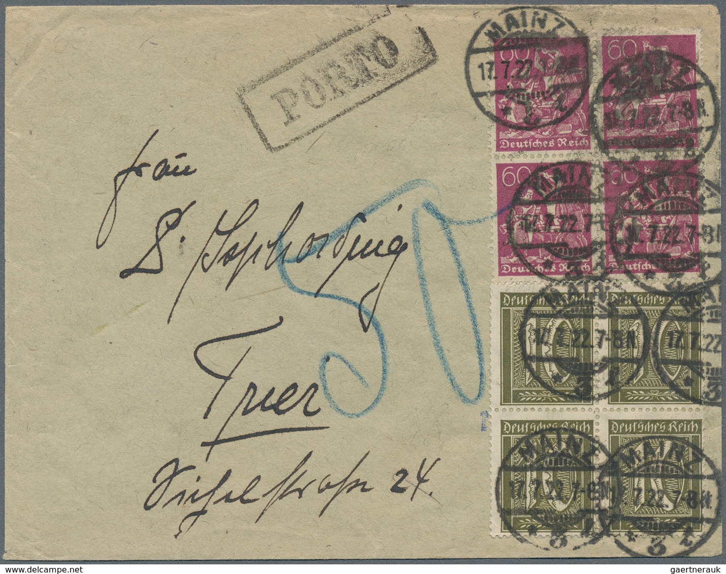 Deutsches Reich - Inflation: 1922. 10 Pfg. Ziffern Und 60 Pfg. Arbeiter Je Im 4er-Bl. Auf Unterfrank - Lettres & Documents
