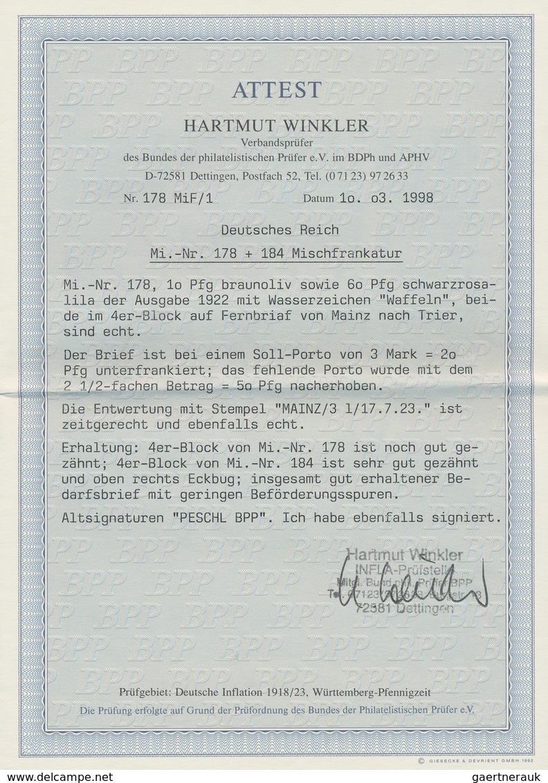 Deutsches Reich - Inflation: 1922. 10 Pfg. Ziffern Und 60 Pfg. Arbeiter Je Im 4er-Bl. Auf Unterfrank - Lettres & Documents