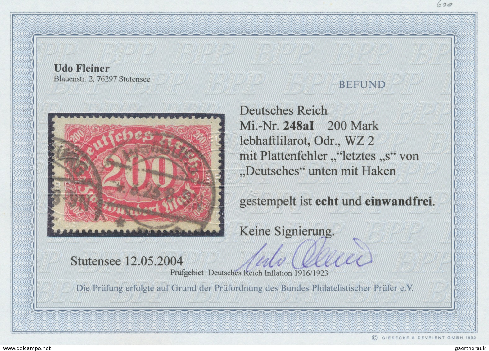 Deutsches Reich - Inflation: 1923, 200 M. Queroffset II In Karminrot Mit Plattenfehler "letztes 's' - Lettres & Documents