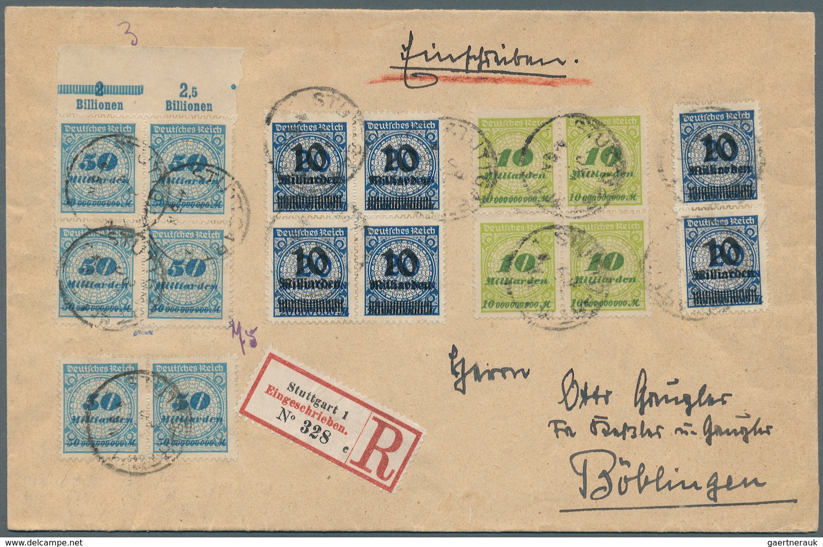 Deutsches Reich - Inflation: 1923, 50 Mrd. M. Korbdeckel, Durchstochen, Im Viererblock Mit Oberrand - Lettres & Documents