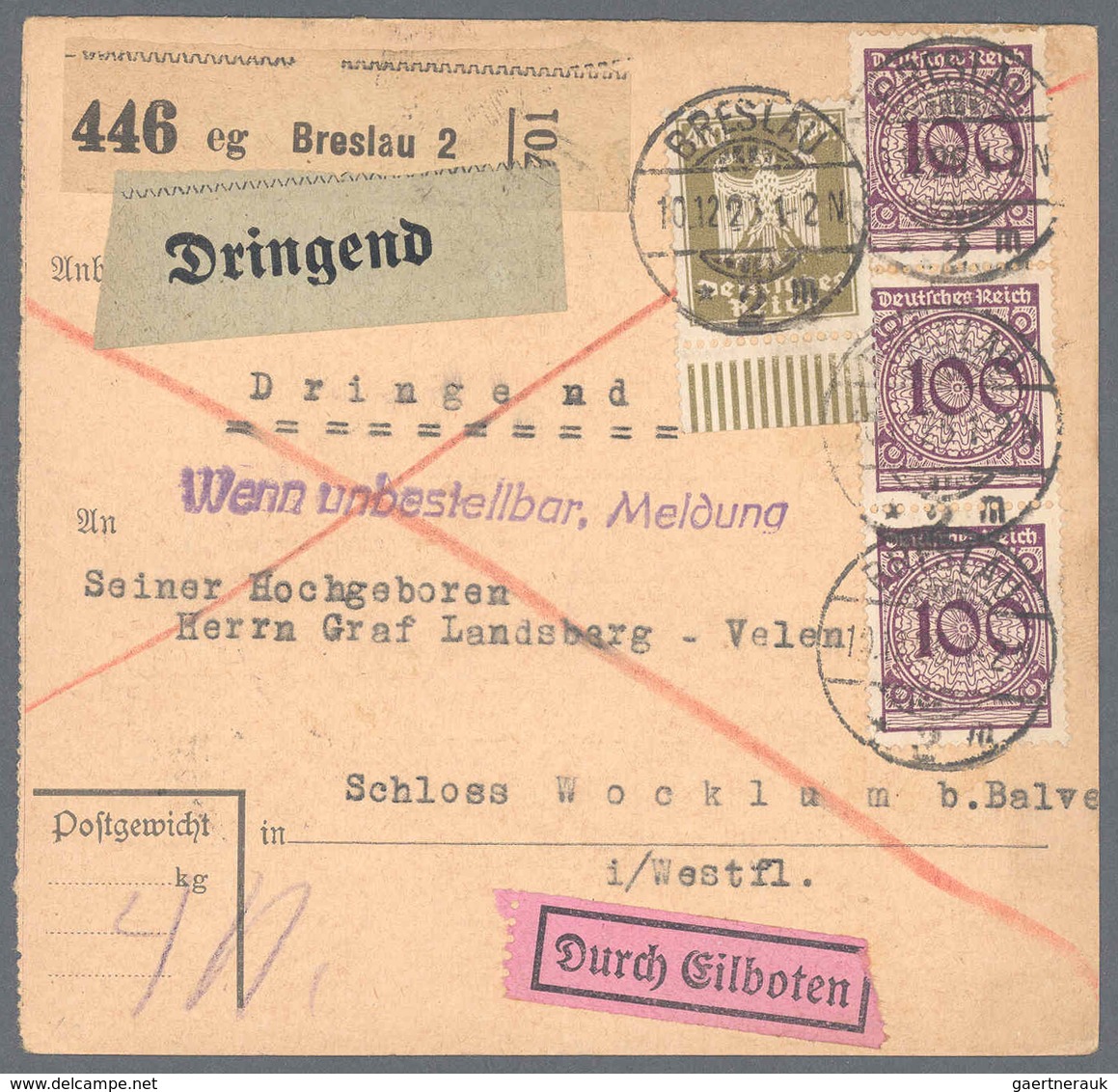 Deutsches Reich - Weimar: 1926, Paketkarte Per Eilboten-Landzustellung/Dringend, Porto: 3,40 M., Mit - Neufs