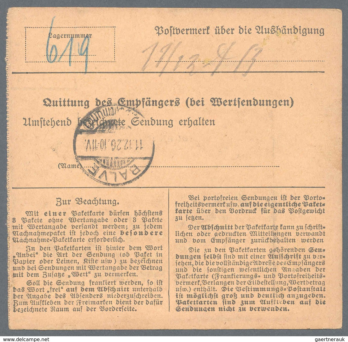 Deutsches Reich - Weimar: 1926, Paketkarte Per Eilboten-Landzustellung/Dringend, Porto: 3,40 M., Mit - Neufs