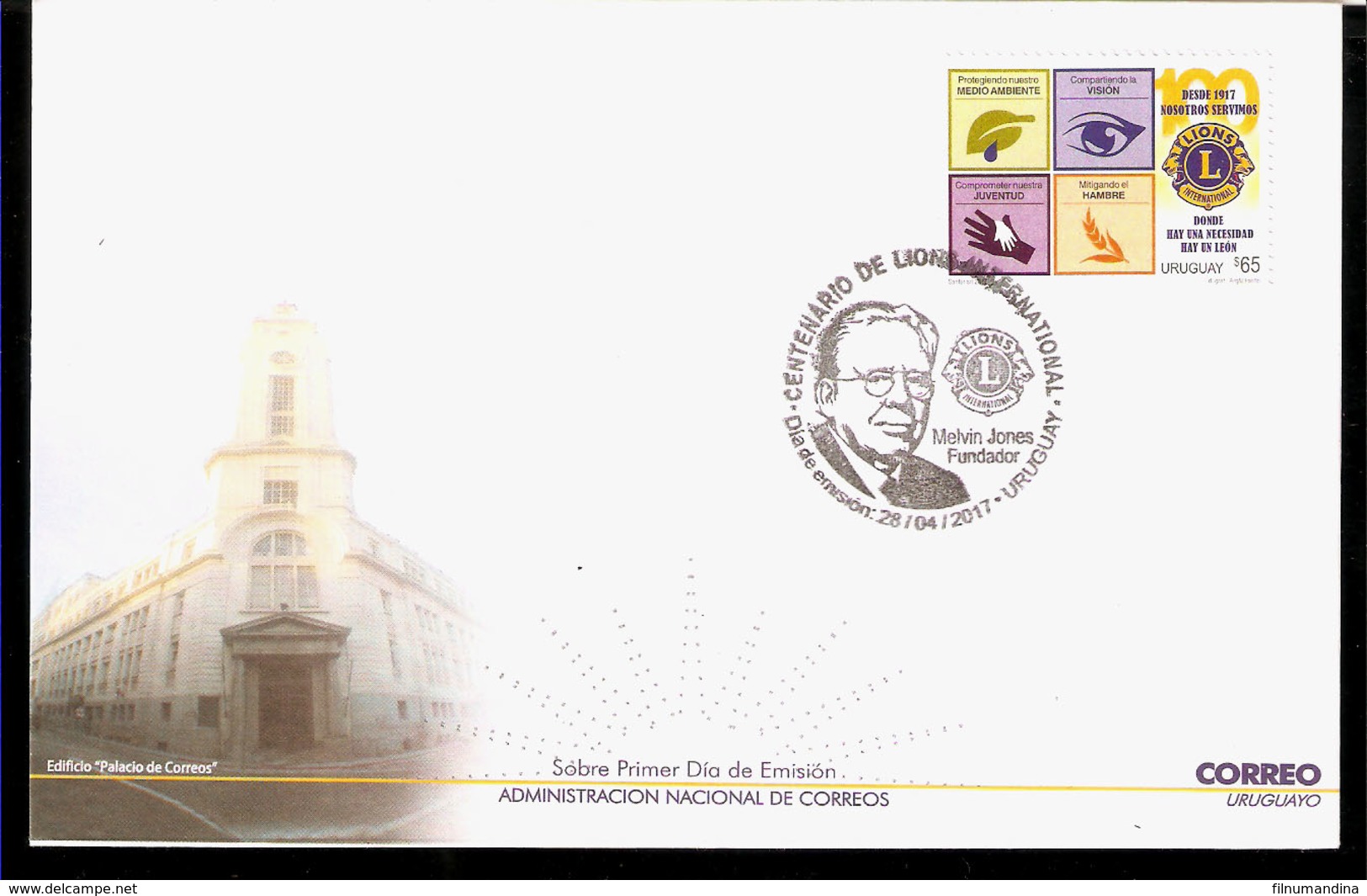 URUGUAY 2017 LIONS CLUB INTERNATIONAL LEONES  YV 2844 PREMIER JOUR FDC ESTTB - Rotary, Lions Club