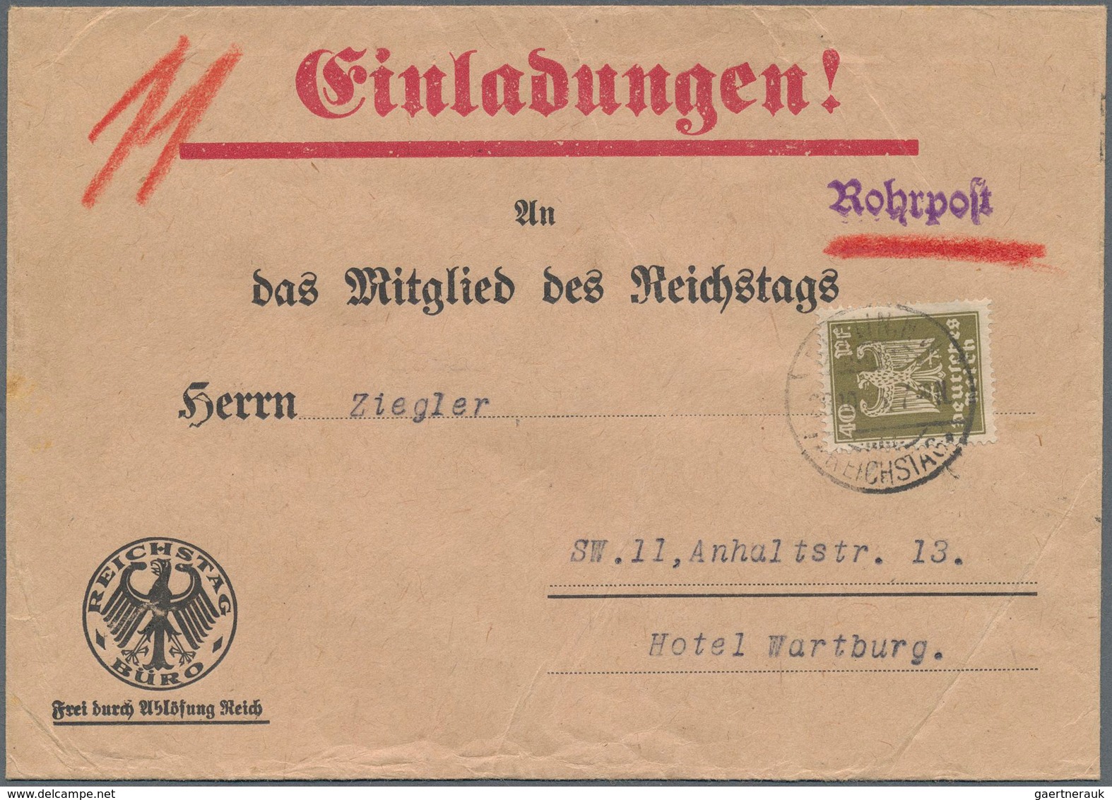 Deutsches Reich - Weimar: 1926. Vordruckbrief "Reichstag Büro - An Das Mitglied Des Reichstags ..." - Unused Stamps