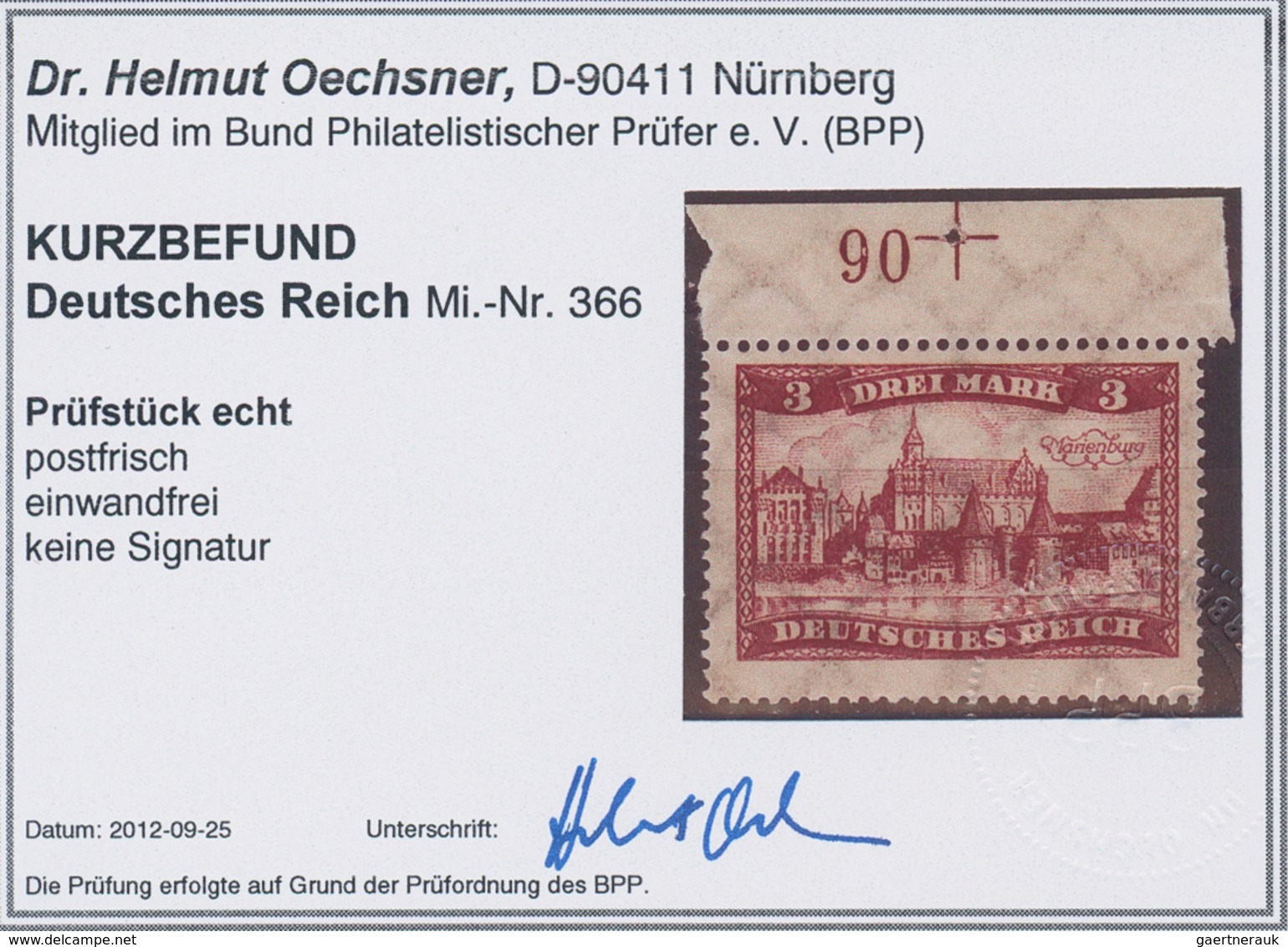 Deutsches Reich - Weimar: 1924, 3 M. Burgen, Oberrandstück Mit Nach Links Versetztem Reihenwertzähle - Unused Stamps