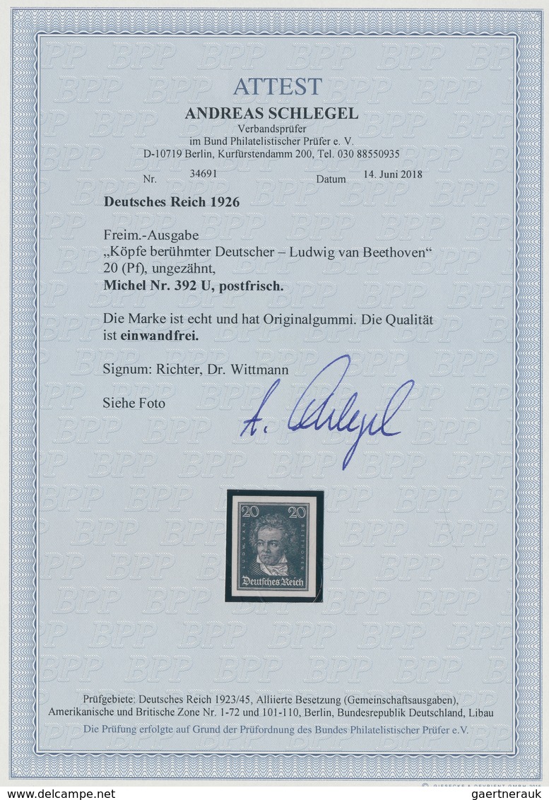 Deutsches Reich - Weimar: 1926, Beethoven 20 Pfg. Schwärzlichgrünlichblau, UNGEZÄHNT, Postfrisch, Ei - Neufs