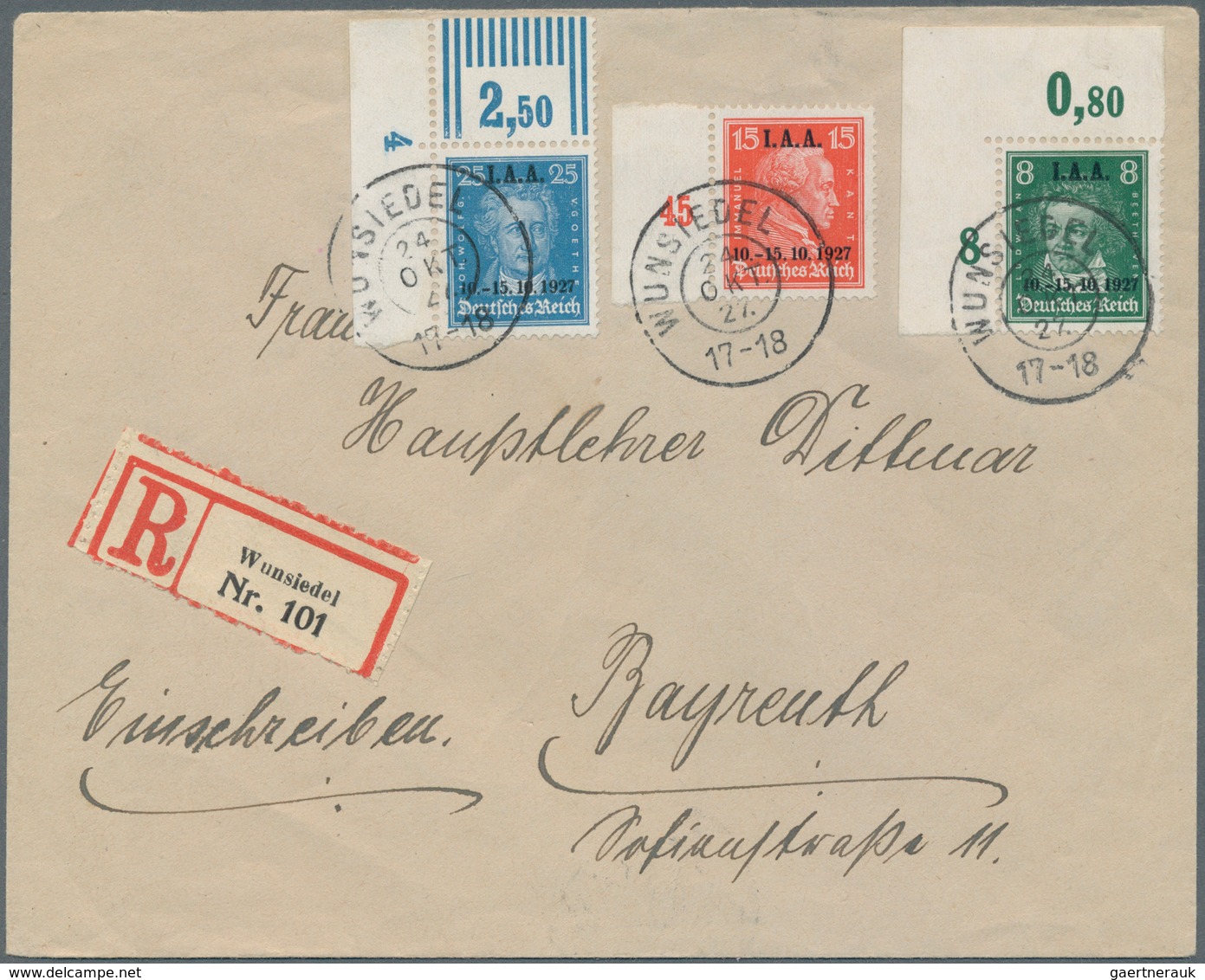 Deutsches Reich - Weimar: 1927, R-Brief Von Wunsiedel Nach Bayreuth. 8 Pfg. Und 25 Pfg. Eckrandstück - Neufs