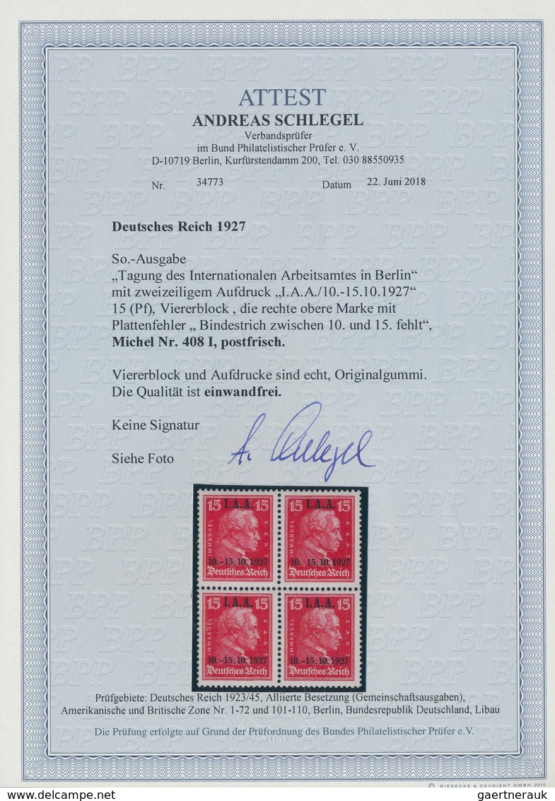 Deutsches Reich - Weimar: 1927, IAA 15 Pfg. Zinnoberrot, Einwandfrei Postfrischer Viererblock, Darin - Unused Stamps