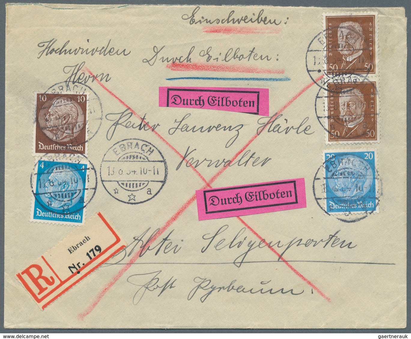 Deutsches Reich - 3. Reich: 1934, 4, 10, 20 U. 2 X 50 Pf Freimarken Hindenburg, Portogerechte MiF Au - Lettres & Documents