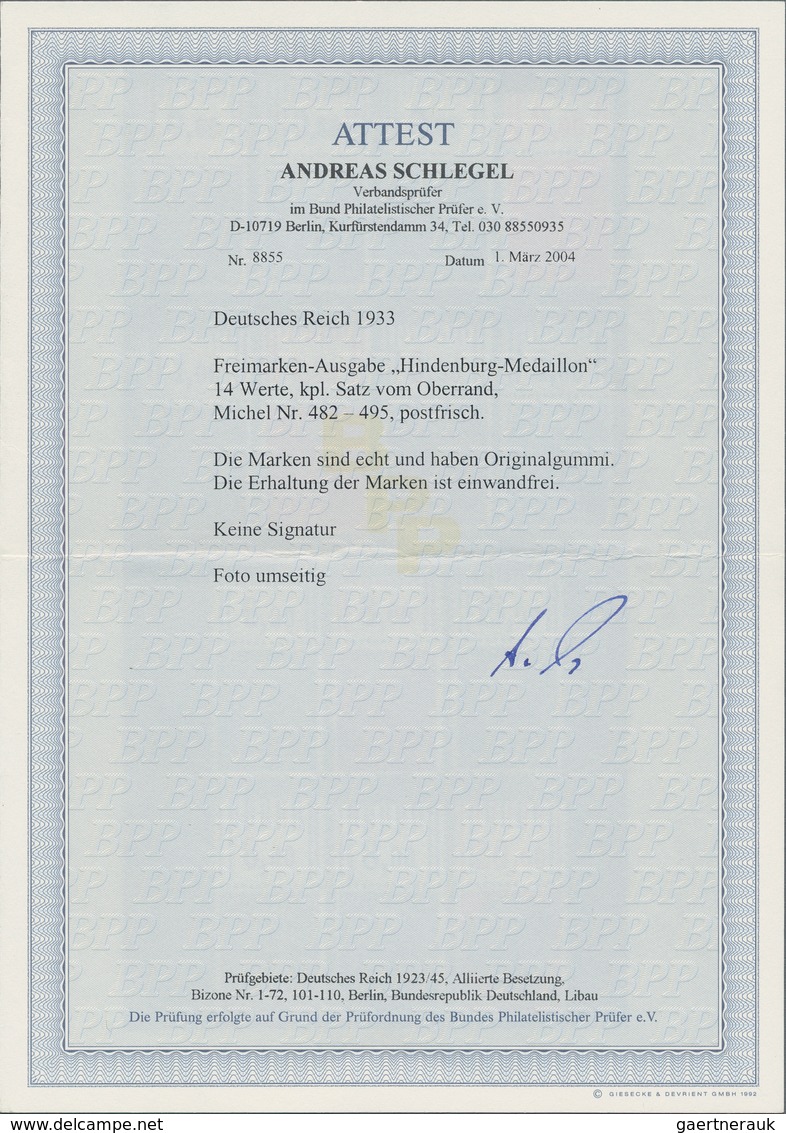 Deutsches Reich - 3. Reich: 1933, Hindenburg Waffeln, Einwandfrei Postfrischer Satz Vom Oberrand, Au - Covers & Documents