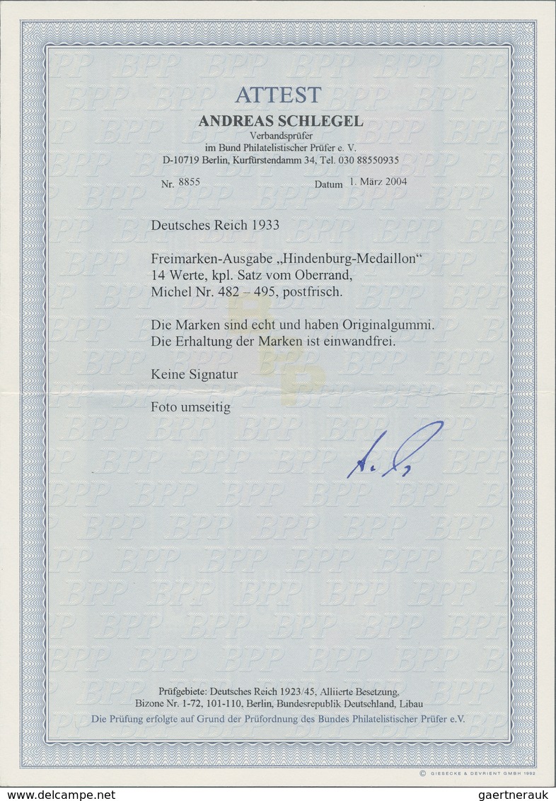 Deutsches Reich - 3. Reich: 1933, Hindenburg Waffeln, Einwandfrei Postfrischer Satz Vom Oberrand, Au - Briefe U. Dokumente
