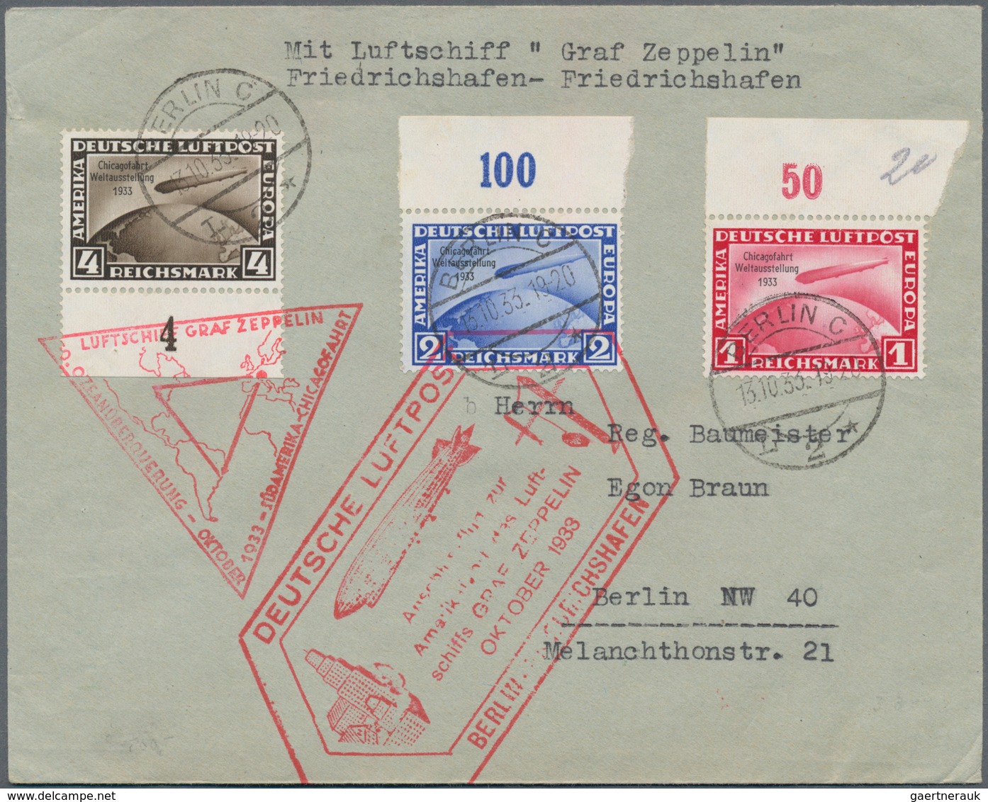 Deutsches Reich - 3. Reich: 1933, Chicago-Fahrt, Komplette Ausgabe 1-4 RM Als Satzbrief Ohne Zusatzf - Lettres & Documents