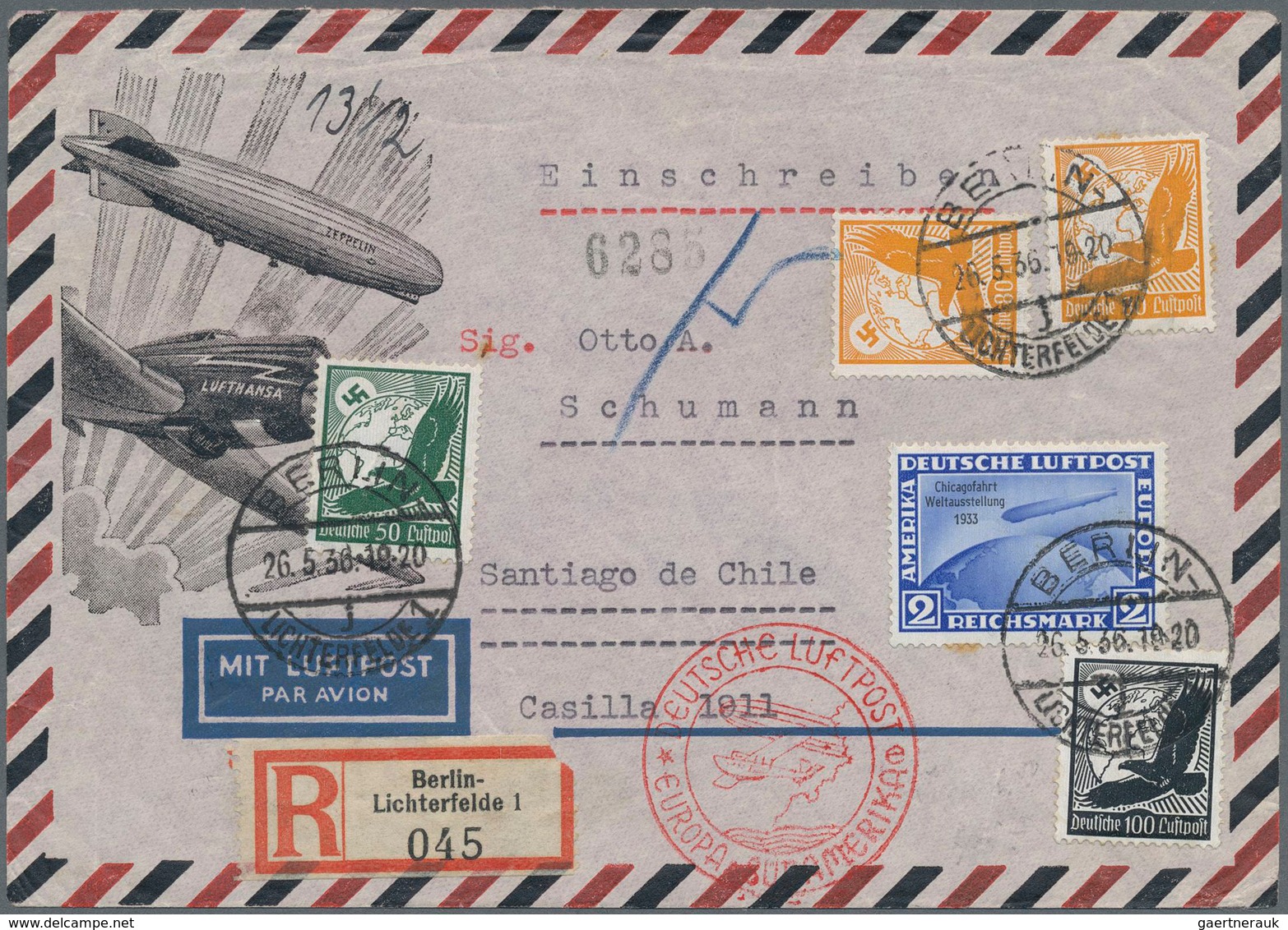 Deutsches Reich - 3. Reich: 1936 Registered Airmail Cover Flown To Saintiago De Chile With High Valu - Lettres & Documents
