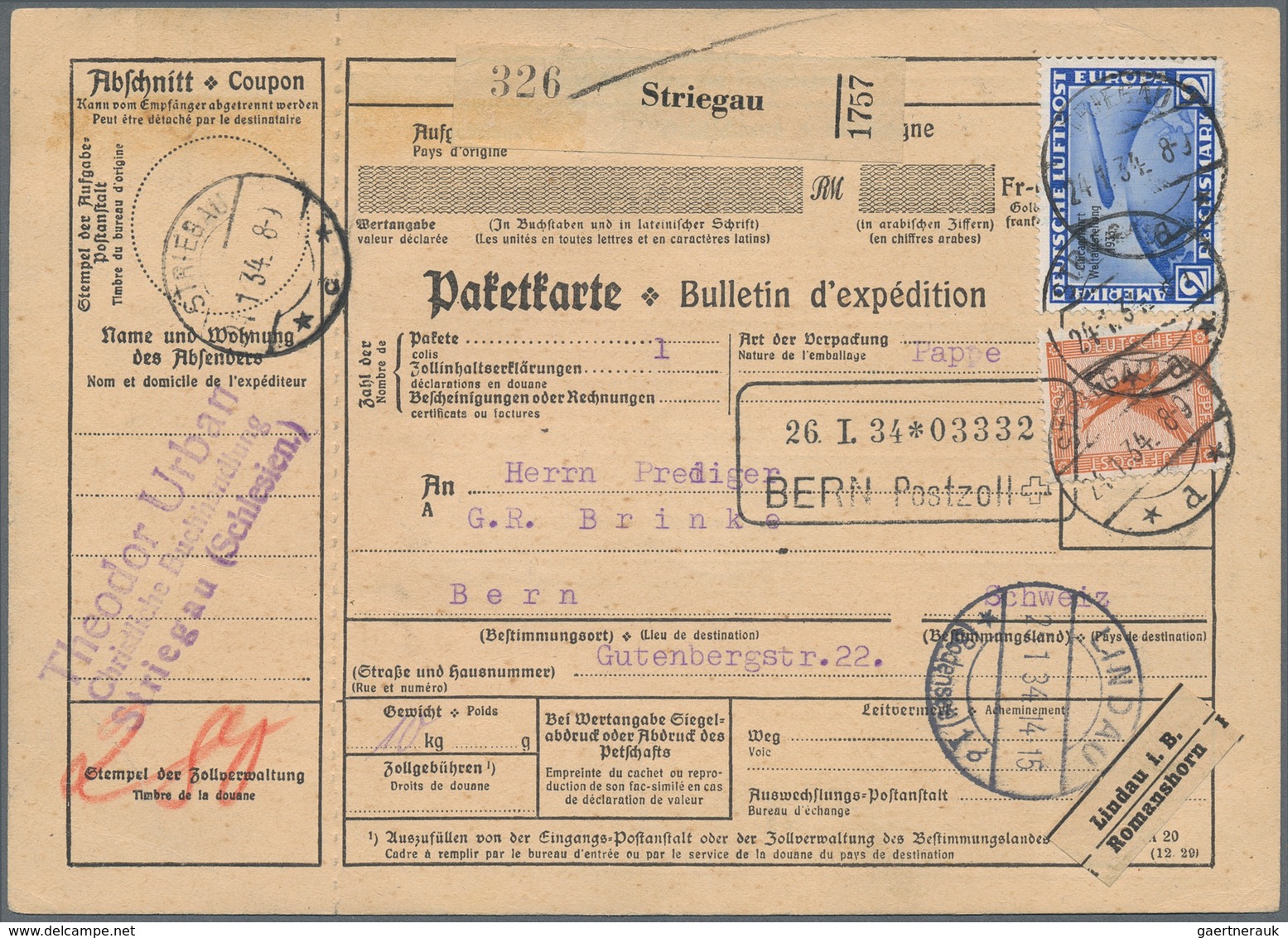 Deutsches Reich - 3. Reich: 1934, 2 M Chicagofahrt Mit 10, 20 Und 50 Pf Adler Auf Vollständiger Pake - Lettres & Documents