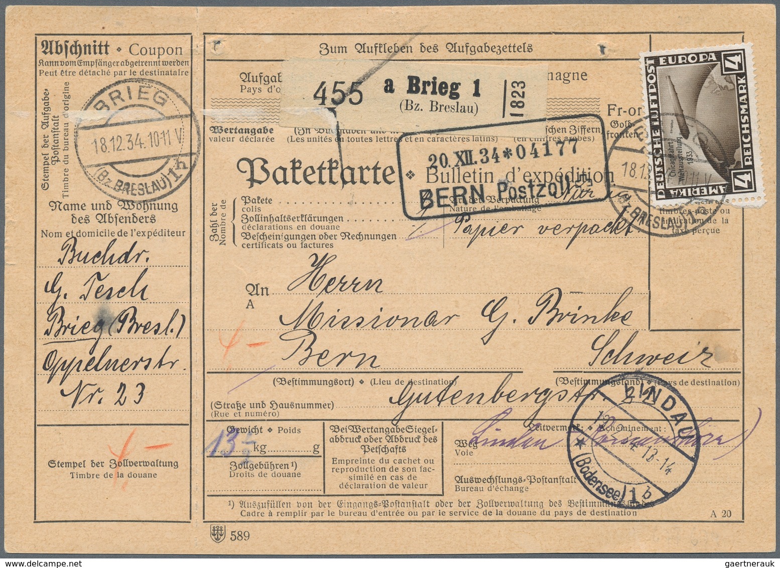 Deutsches Reich - 3. Reich: 1933, 4 RM Chicagofahrt, Portogerecht Als Einzelfrankatur Auf Paketkarte - Briefe U. Dokumente