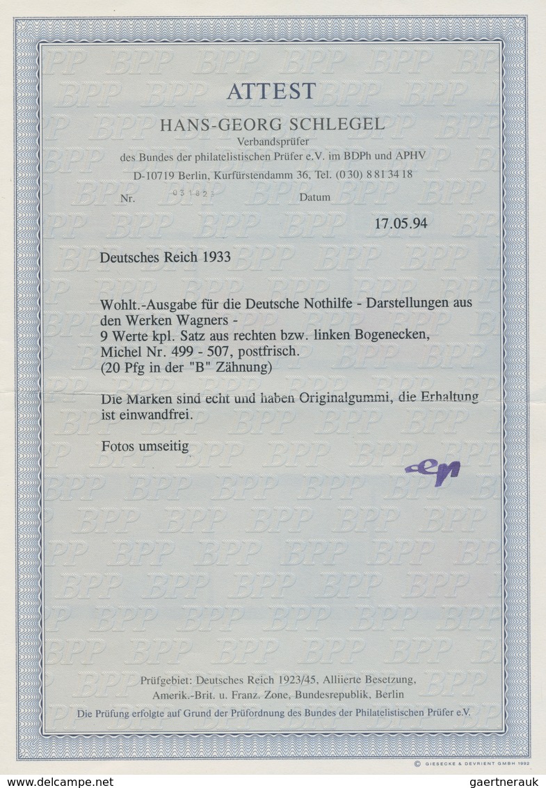 Deutsches Reich - 3. Reich: 1933. WAGNER Kpl. In Postfrischen Eckrandstücken (o.r. Bzw. O.l.). 20 Pf - Lettres & Documents