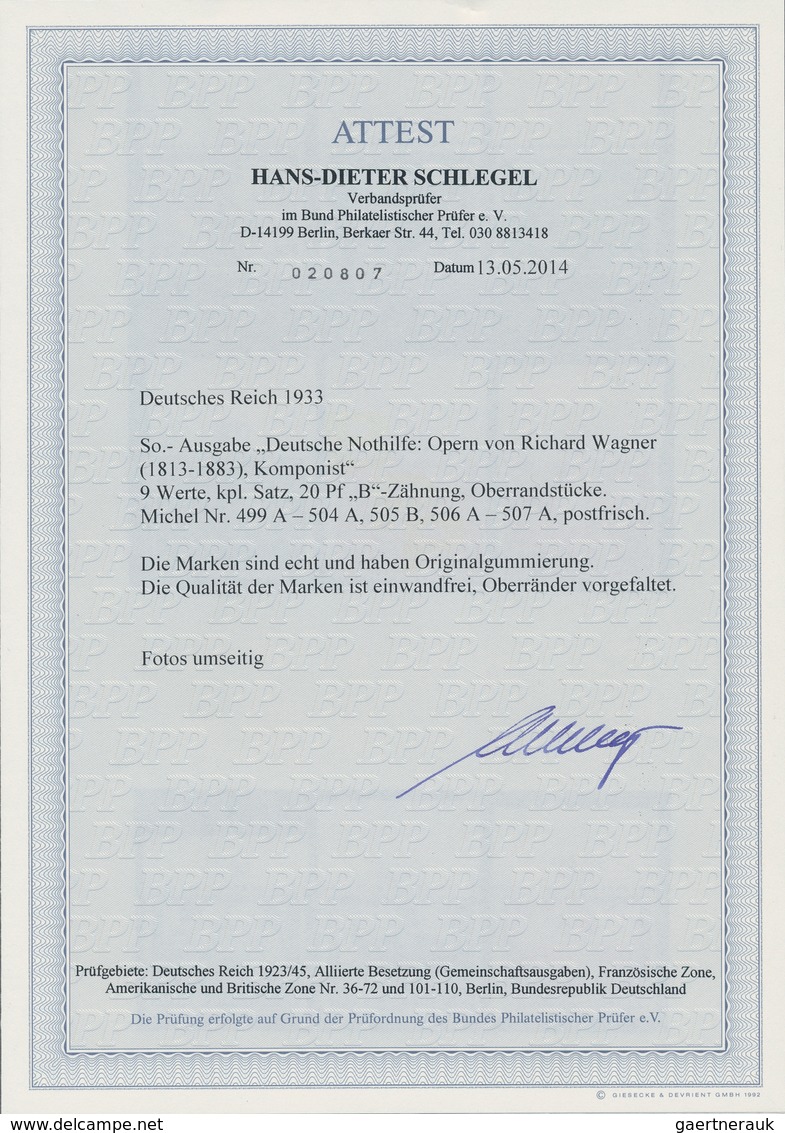 Deutsches Reich - 3. Reich: 1933, Nothilfe Wagner, Komplette Serie Zu 9 Werten (20 Pf In Zähnung B) - Lettres & Documents